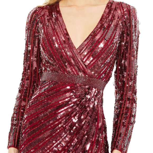MAC DUGGA 5186 SEQUIN V-NECK LONG SLEEVE BURGUNDY GOWN sz 12 - Picture 6 of 6